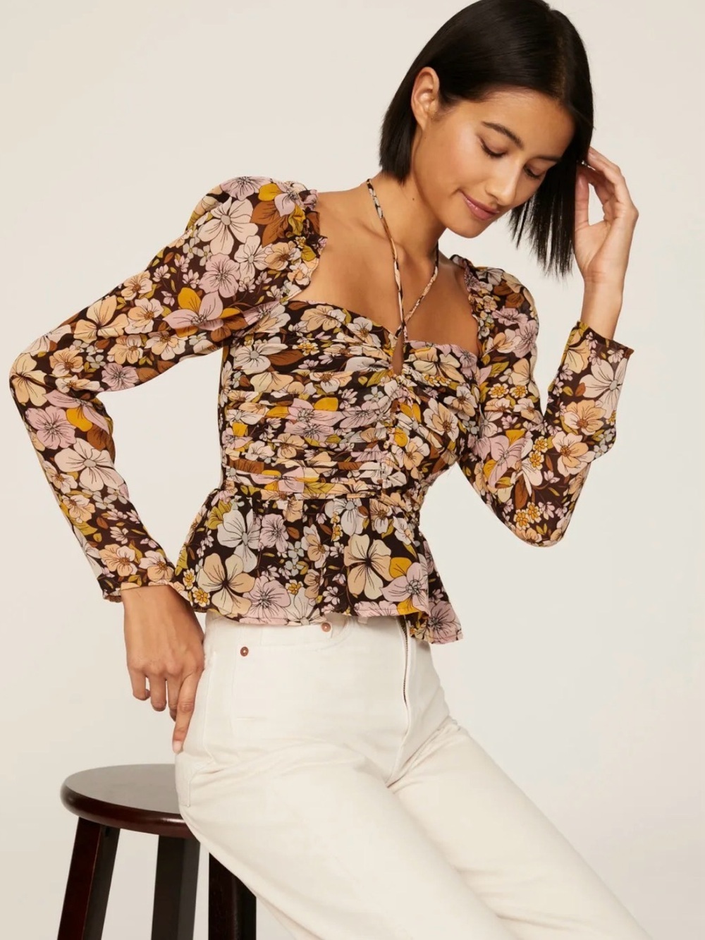 Astr the Label Toni Top Floral Ruched Peplum in Brown, Pink & Yellow